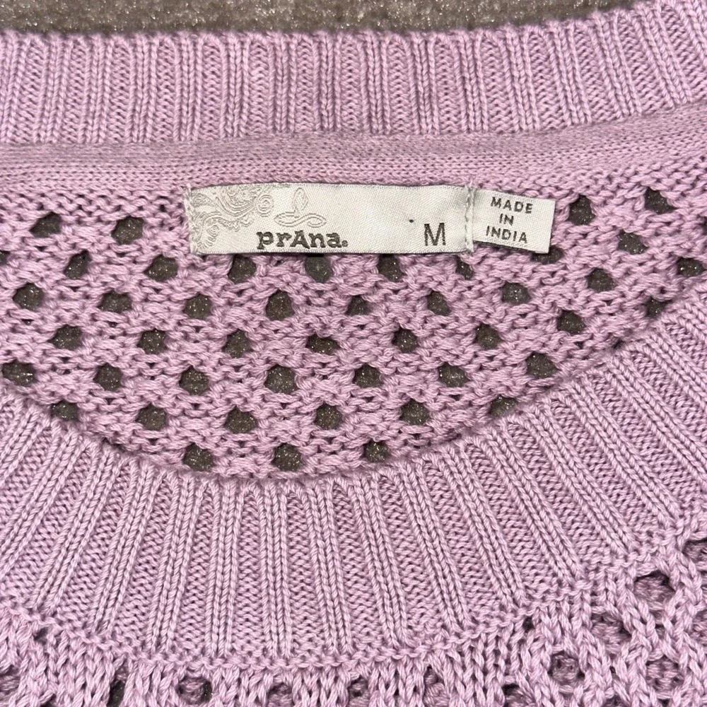 Prana Womens Open Knit Crochet Sweater Lavender Purple Crew Neck Pullover Medium